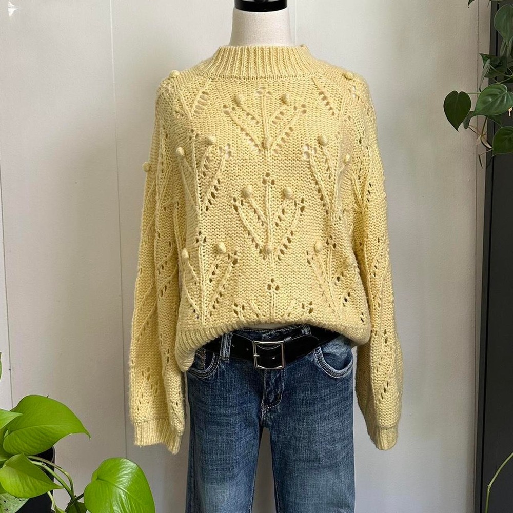 Miss Selfridge Yellow Floral Knit Pom Pom Balloon Sleeve Sweater Medium
